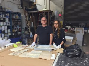 Blog: Frost Science Art and Collection Manager, Kevin Arrow and artist and Adjunct Professor of Architecture at Florida International University, Felice Grodin selecting inspiration pieces for Neural Networks.