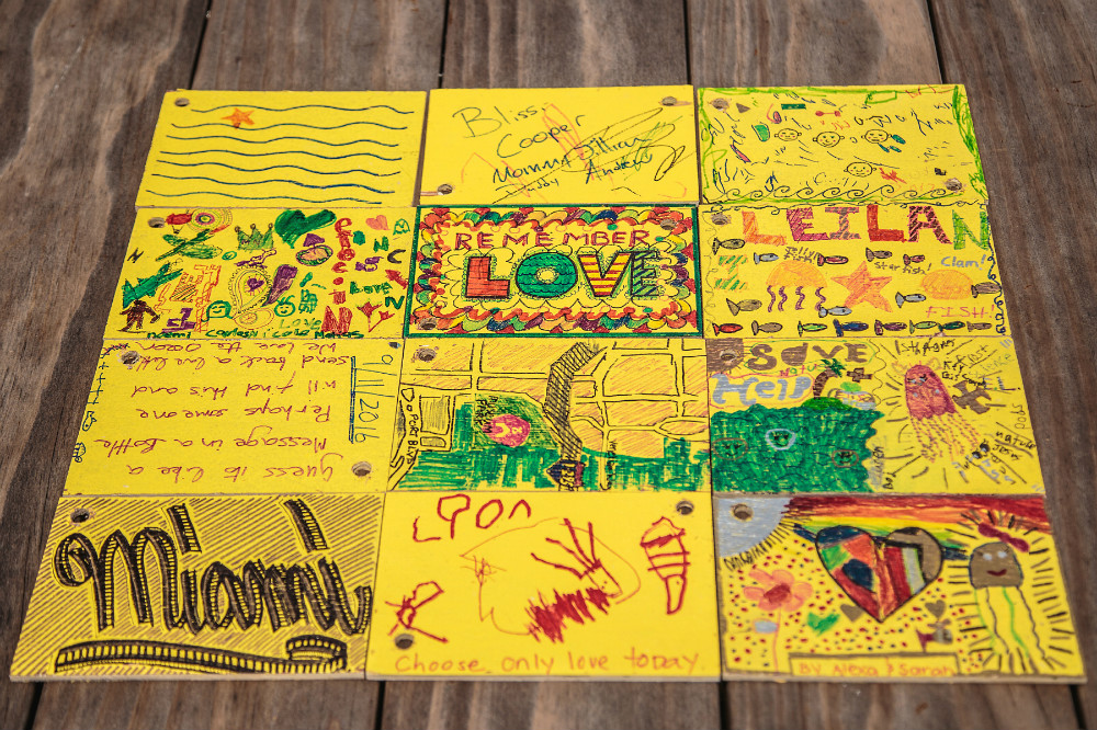 Some of the drift cards painted by children at the Miami Science Barge during ArtDays